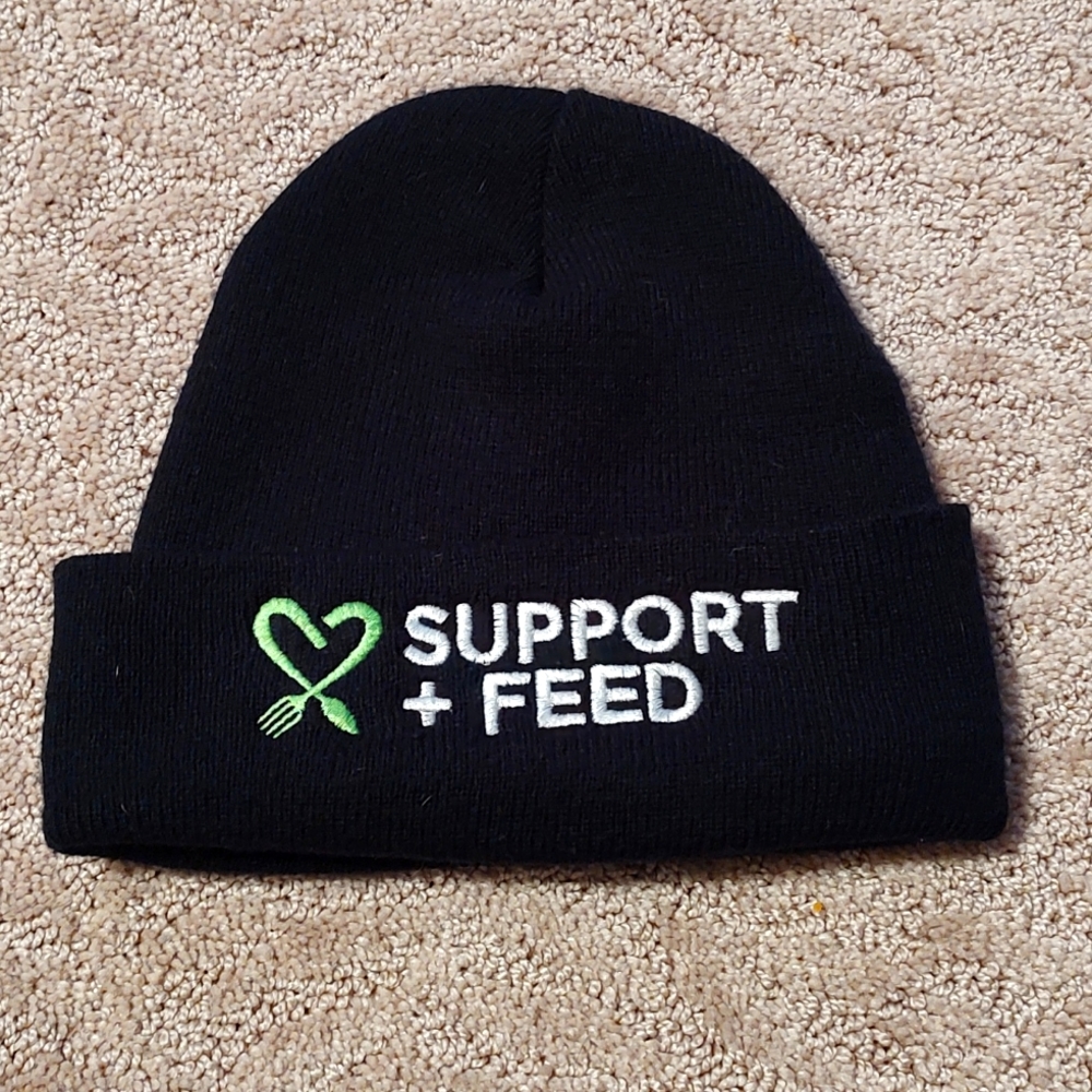 SOFT WINTER KNIT BLACK BEANIE W EMBROIDERED SUPPORT AND FEED LOGO